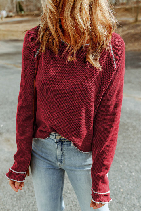 Seam Detail Waffle Knit Crew Neck Relaxed Fit Long Sleeve Top